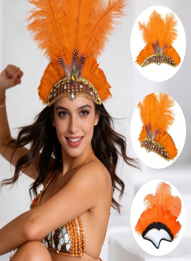 Frstem Showgirl Headpiece Orange 10x10 Inch Headband with 3x14 Inch Feather Hair Accessory Fit for Carnival Stage Performance Dance Party and Festive Events - Image 3